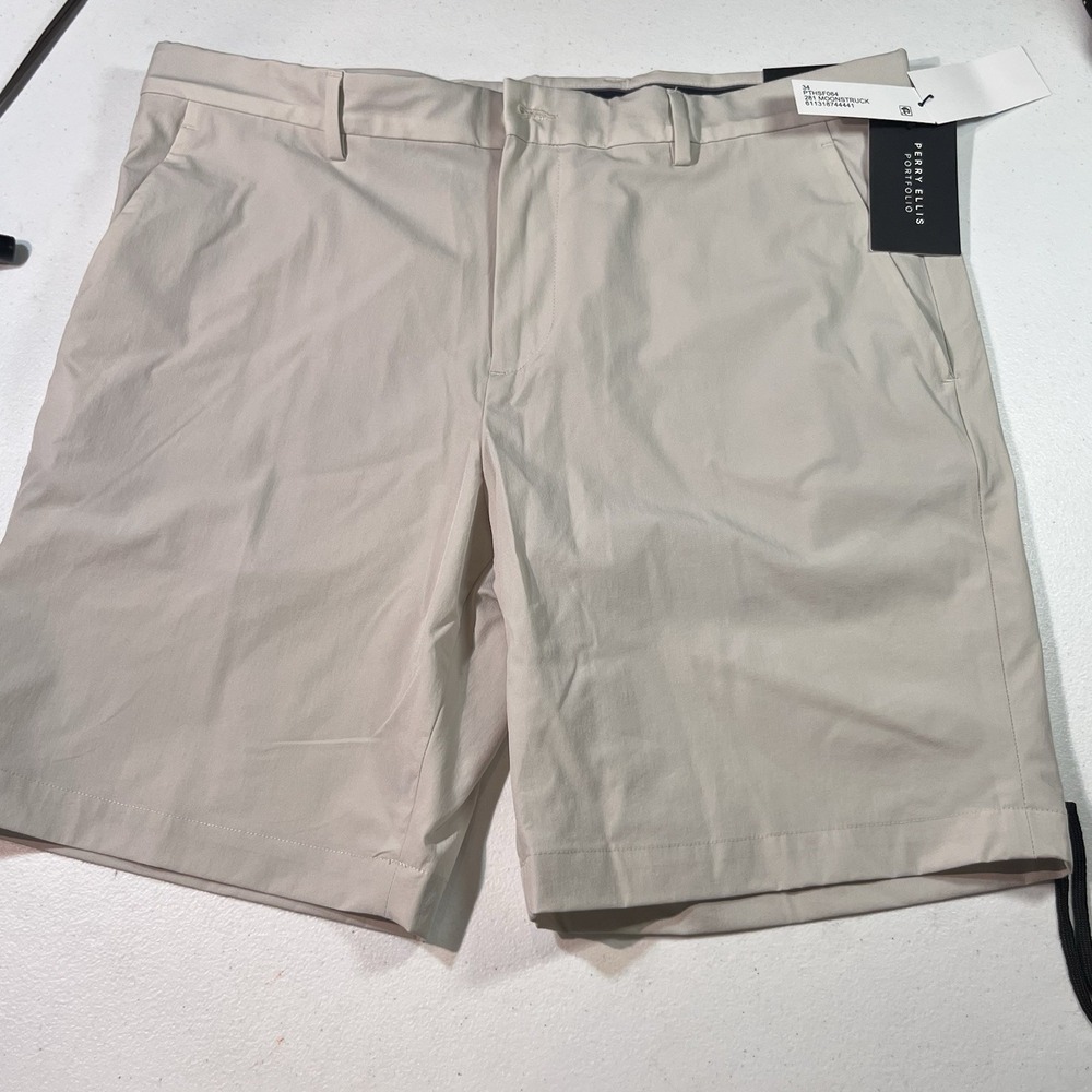 Perry Ellis Men's Portfolio 8" Flat Front Short 34 Moonstruck Khaki Net